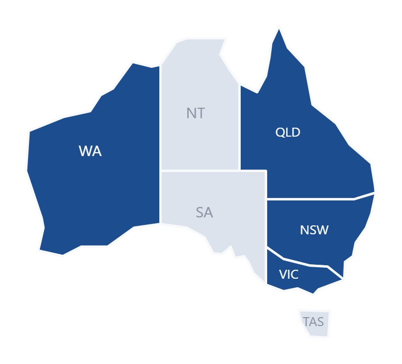 Map of Australia highlighting the states CBS supplies — New South Wales, Queensland, Western Australia and Victoria